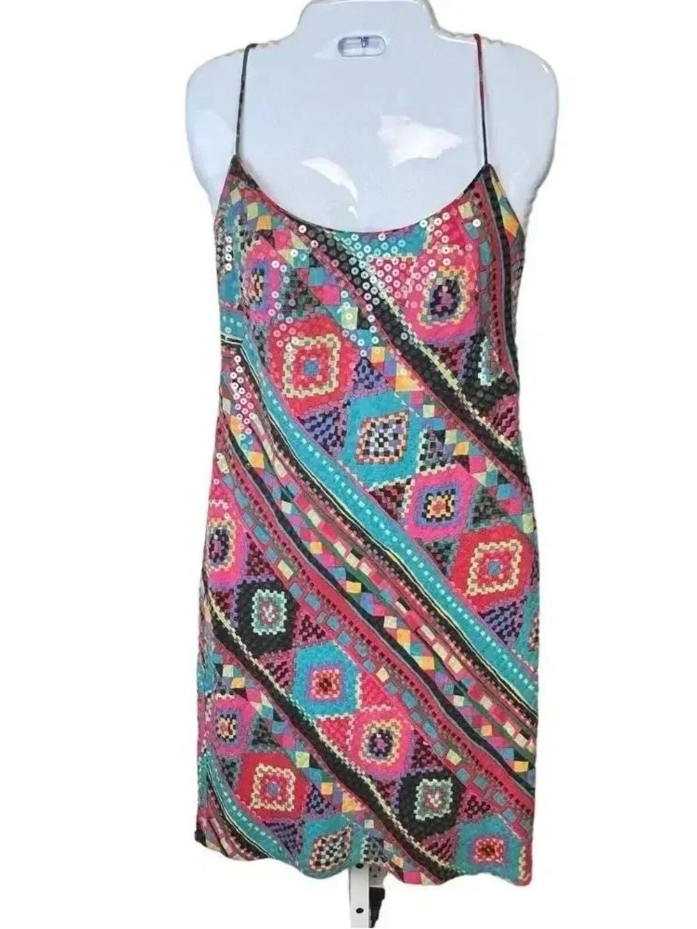 A.J. Bari Vintage Colorful Geometric Sequin Slip Dress - Pink & Teal